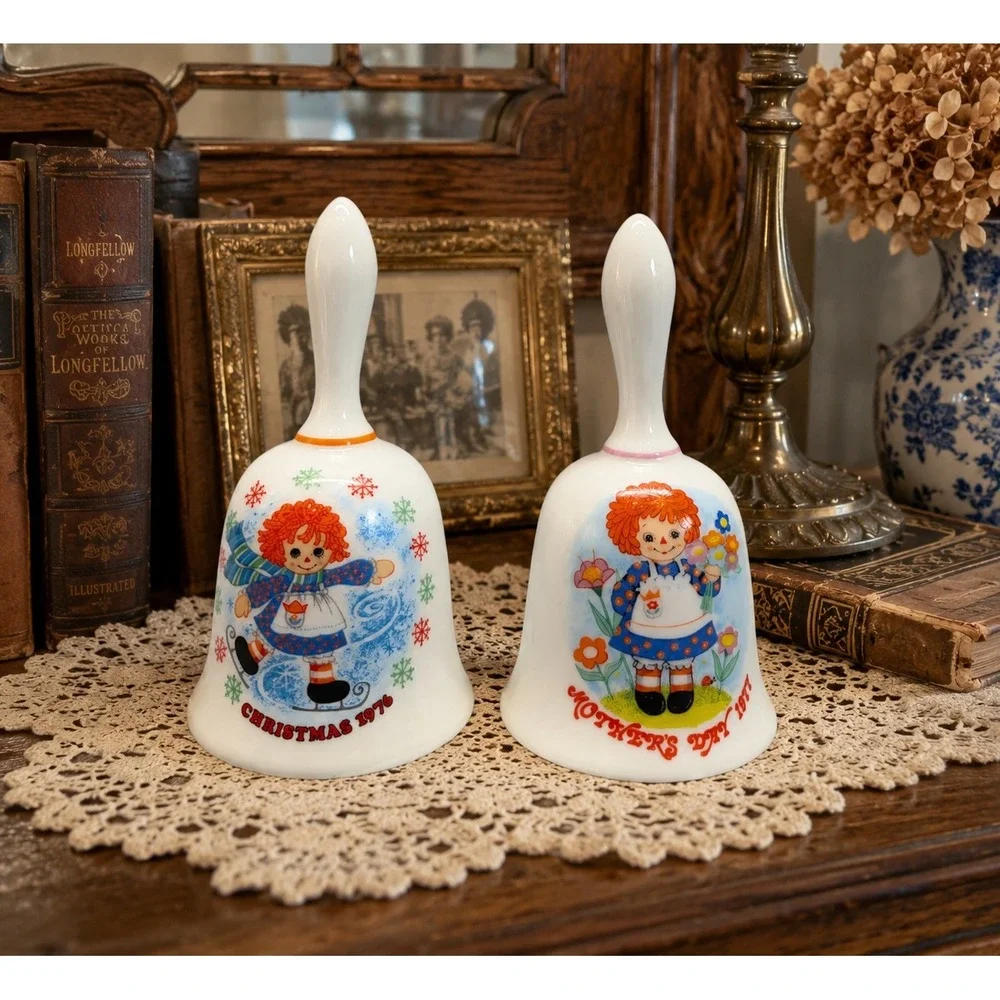 Vintage Raggedy Ann Porcelain Bell Set Christmas 1976 Mother's Day 1977 2pc